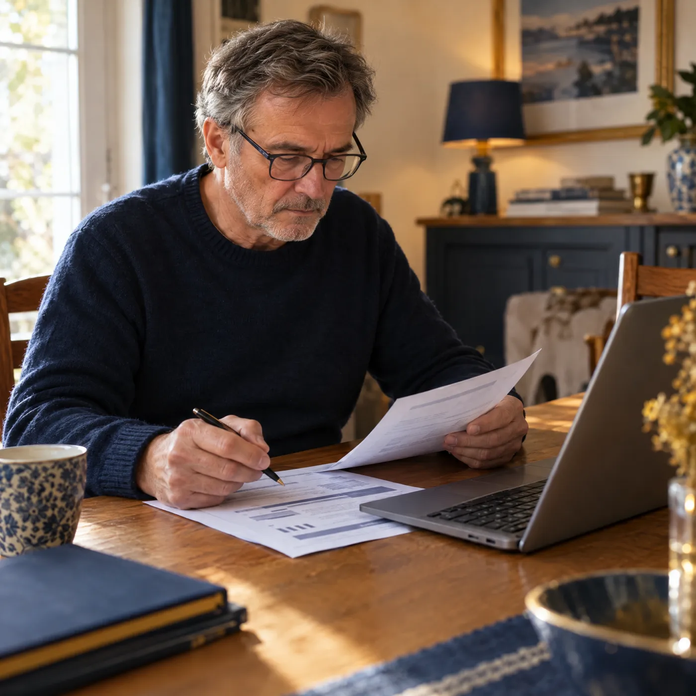 Homme comparant son relevé de carrière papier avec son espace en ligne