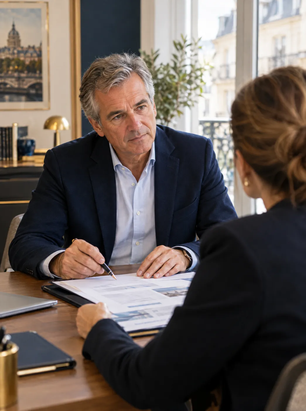 Chef d'entreprise en rendez-vous de bilan retraite avec une conseillère
