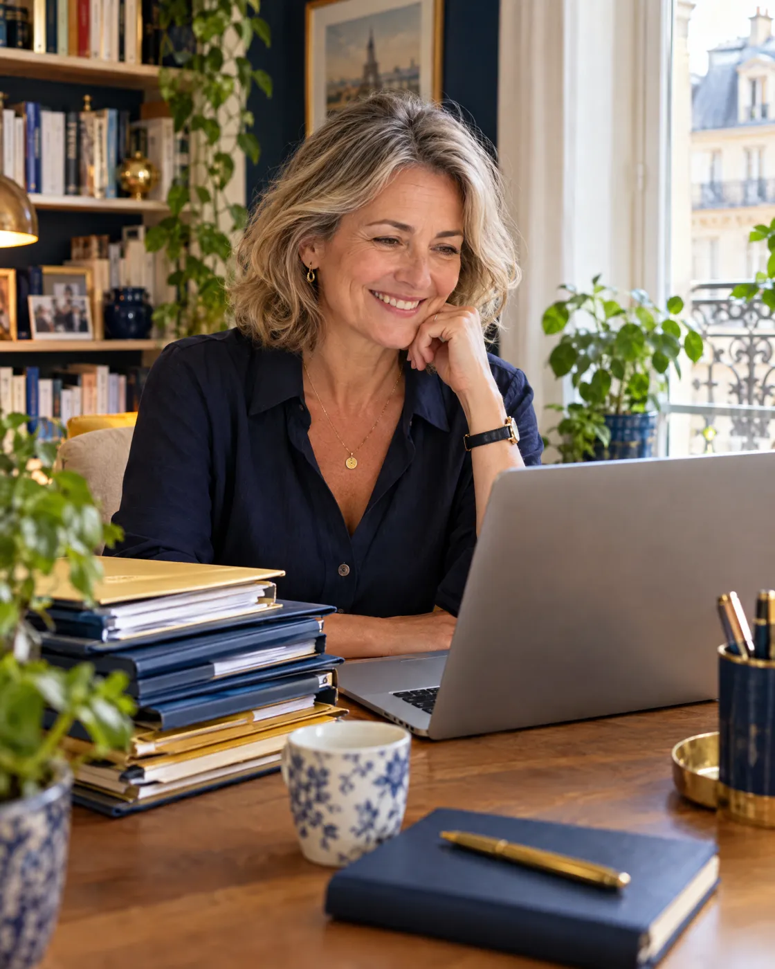 Future retraitée souriante travaillant sur son dossier retraite à la maison