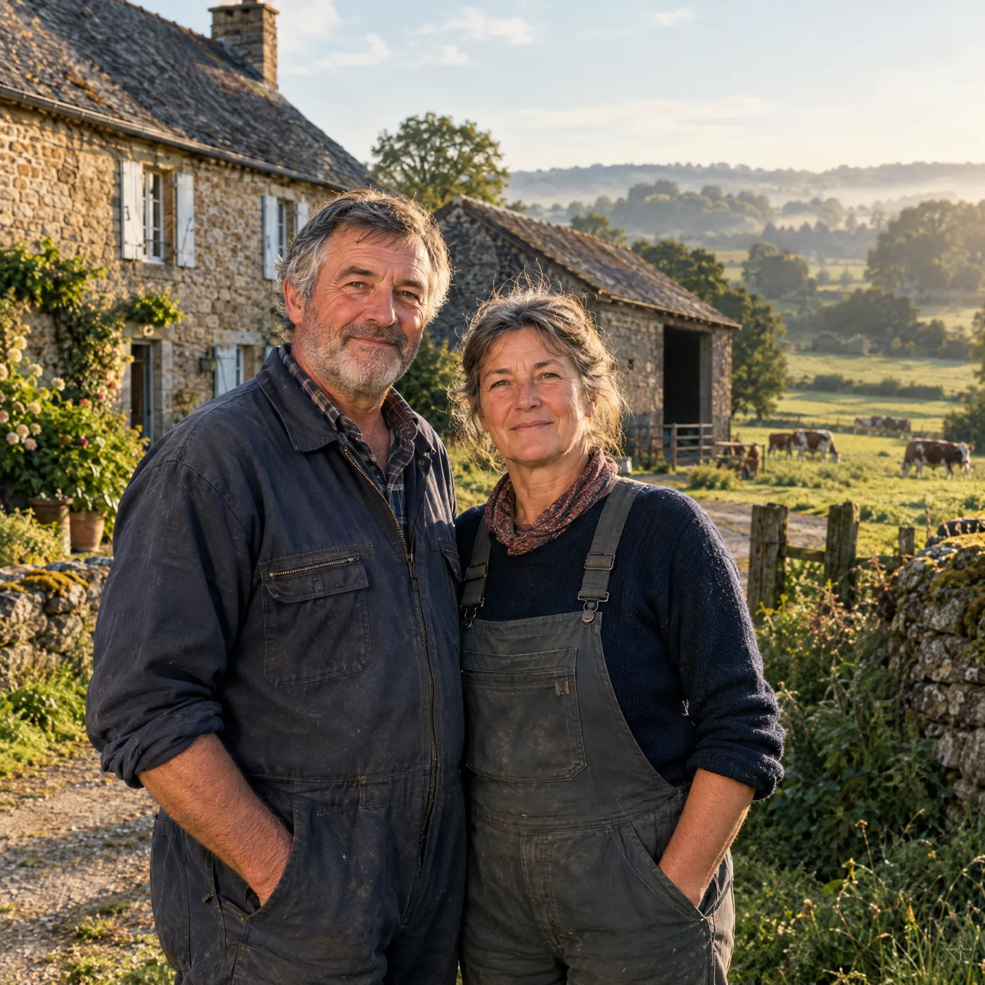 Couple d'agriculteurs devant leur ferme en Limousin