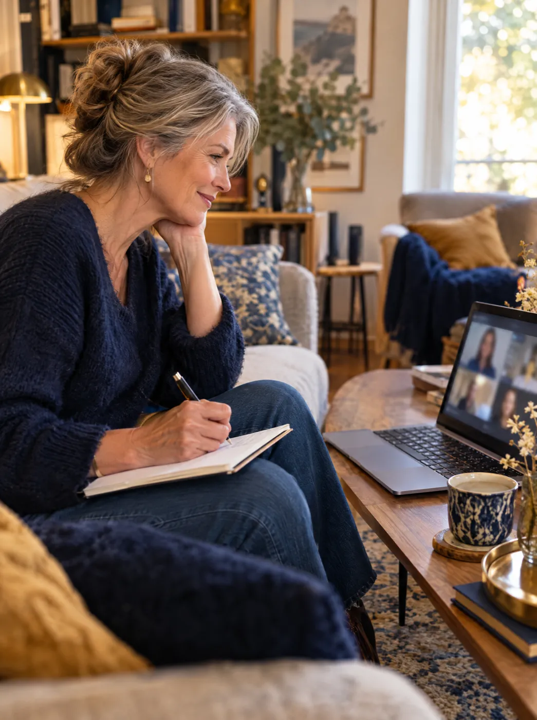 Femme suivant un atelier en ligne sur la retraite depuis chez elle