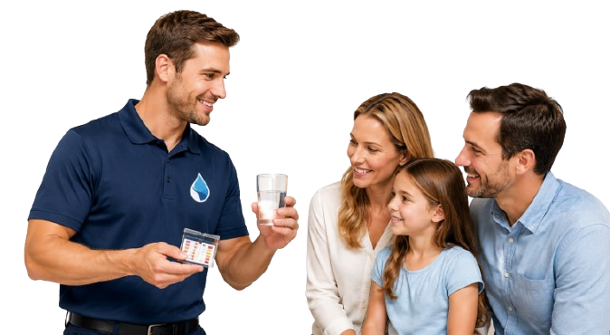 Illustration of a water specialist explaining a water sample to a family