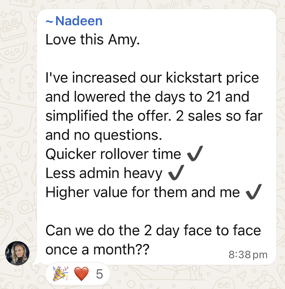 WhatsApp win shared by a Sale-A-Day workshop attendee