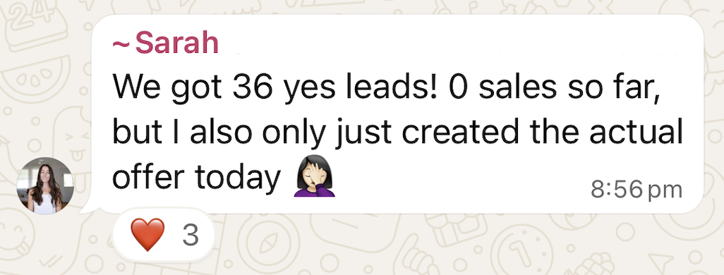 WhatsApp win shared by a Sale-A-Day workshop attendee