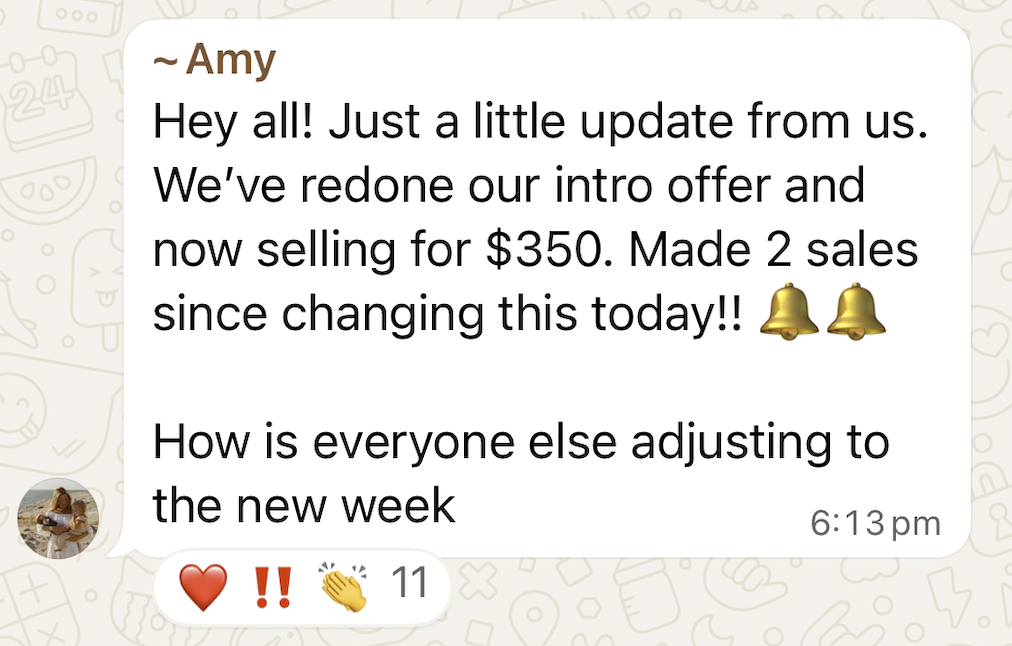 WhatsApp win shared by a Sale-A-Day workshop attendee