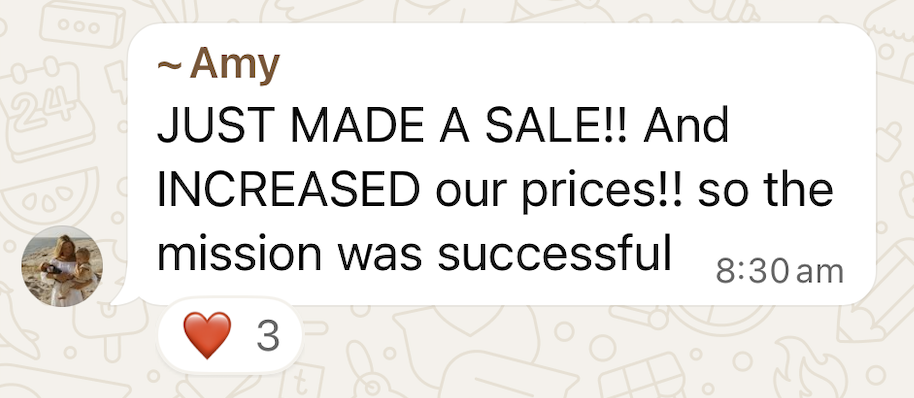 WhatsApp win shared by a Sale-A-Day workshop attendee