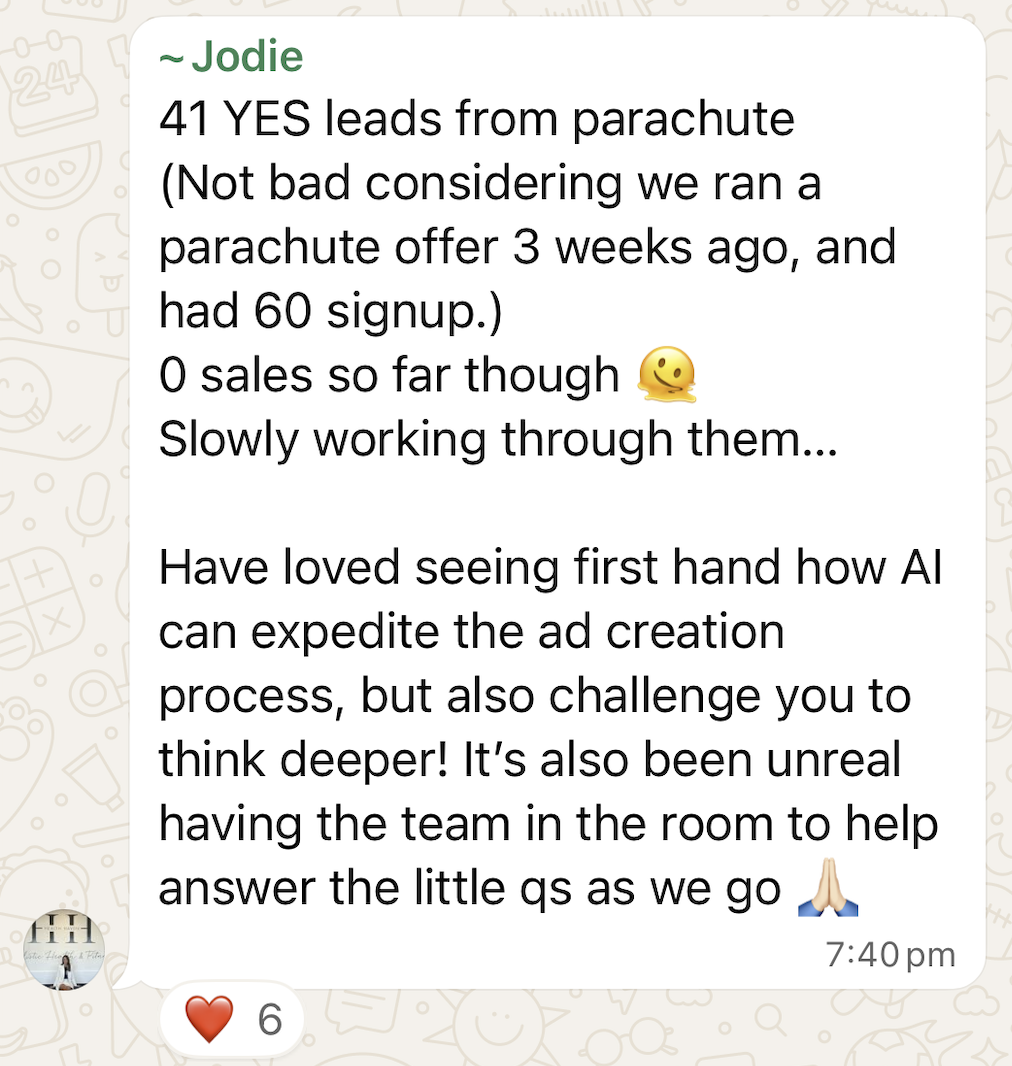 WhatsApp win shared by a Sale-A-Day workshop attendee