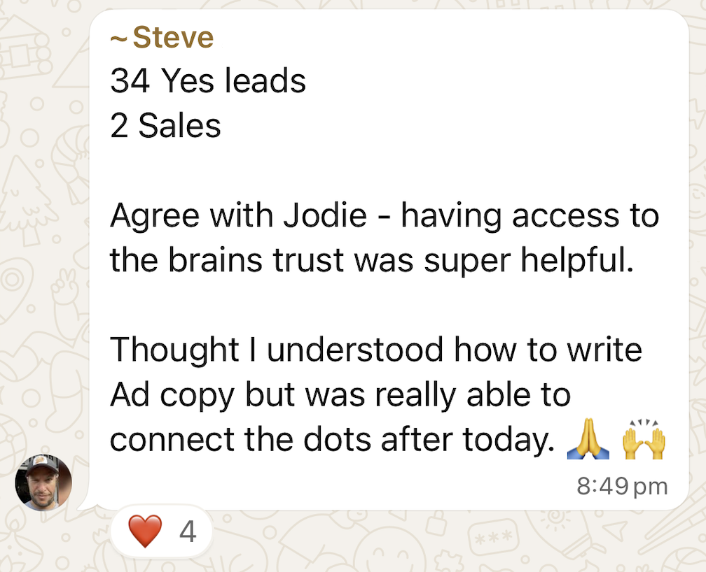 WhatsApp win shared by a Sale-A-Day workshop attendee
