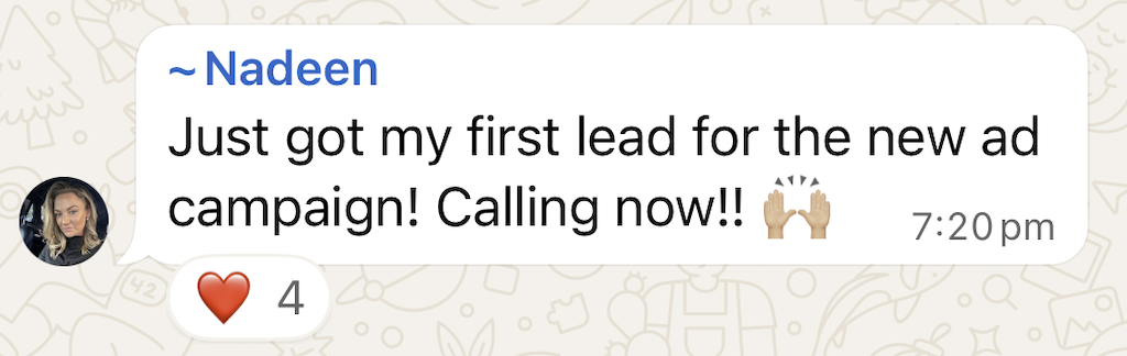 WhatsApp win shared by a Sale-A-Day workshop attendee