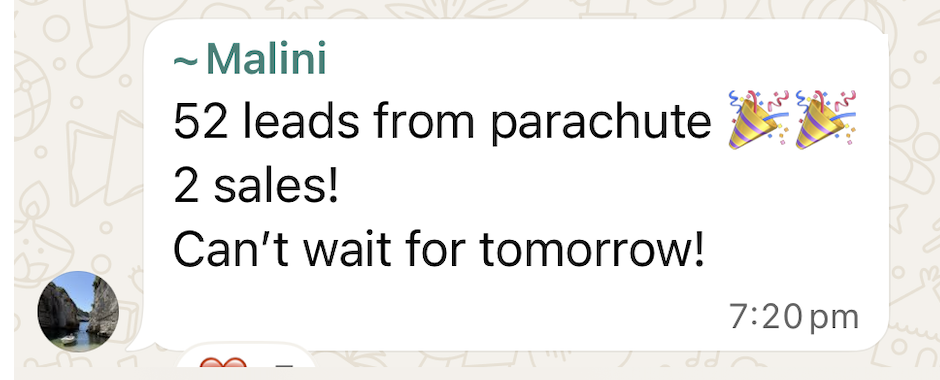 WhatsApp win shared by a Sale-A-Day workshop attendee