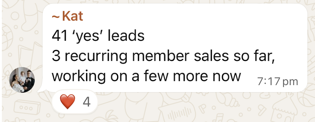 WhatsApp win shared by a Sale-A-Day workshop attendee