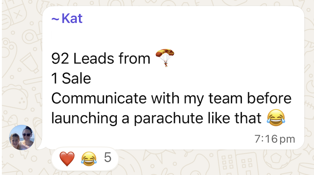WhatsApp win shared by a Sale-A-Day workshop attendee
