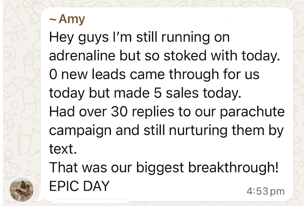 WhatsApp win shared by a Sale-A-Day workshop attendee