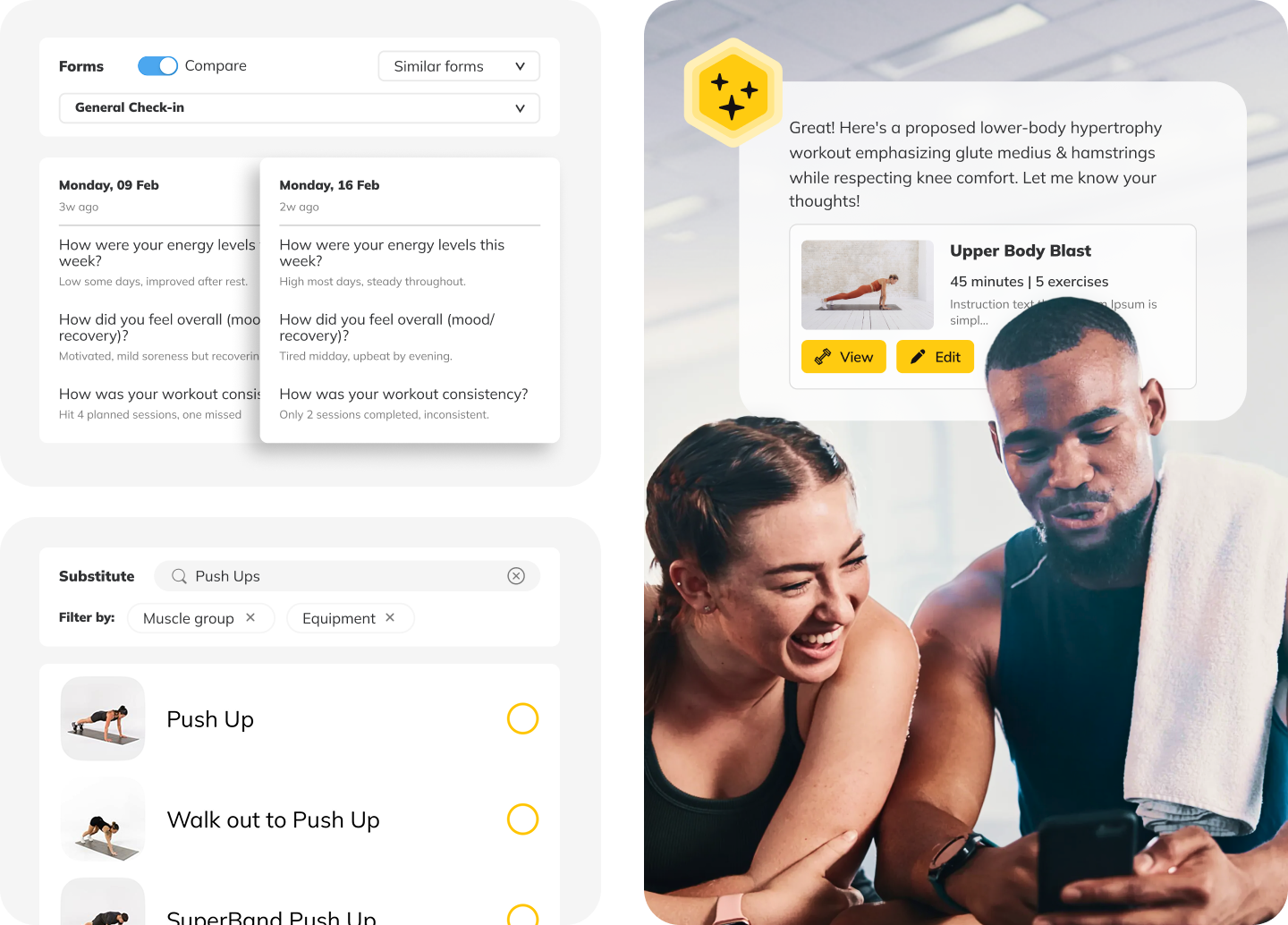 Victory Coaching App features showcasing side-by-side client check-in comparisons, on-the-fly exercise substitutions, and an AI-powered custom workout builder.