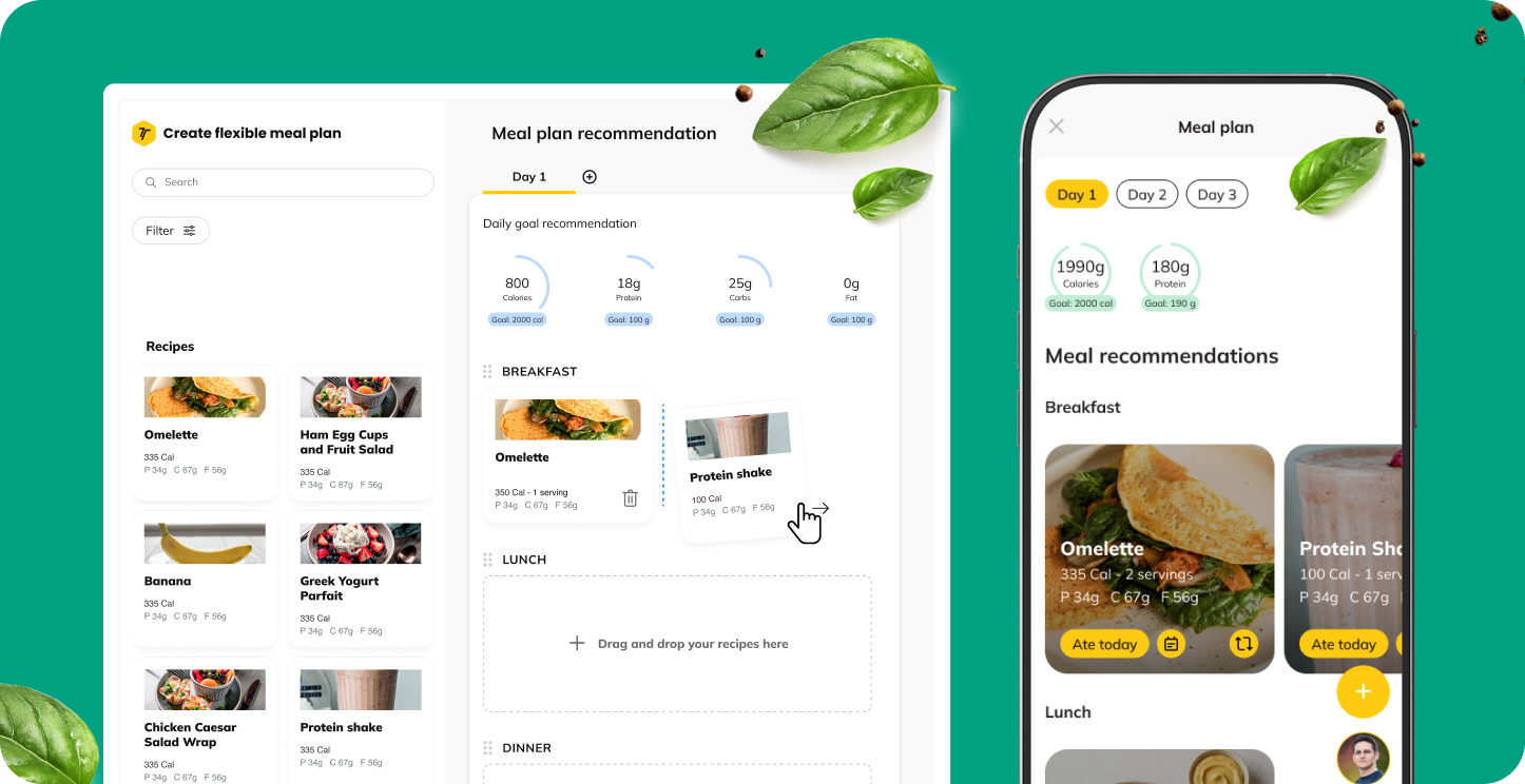 Flexible meal planner feature in the Victory Coaching App displayed on desktop and mobile, highlighting drag-and-drop healthy recipes and daily macro goal tracking.