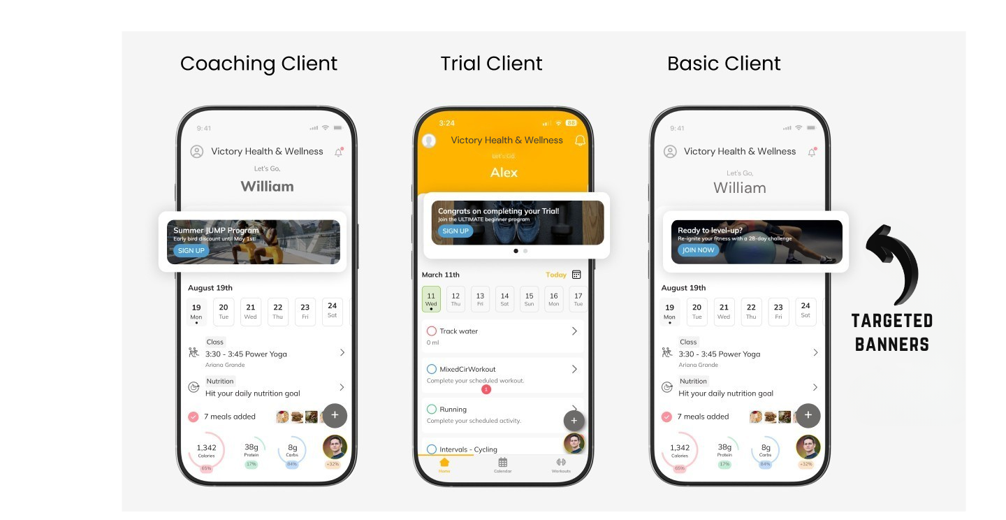 Victory Coaching App mobile interface displaying personalized in-app announcement banners targeted to coaching, trial, and basic fitness clients.