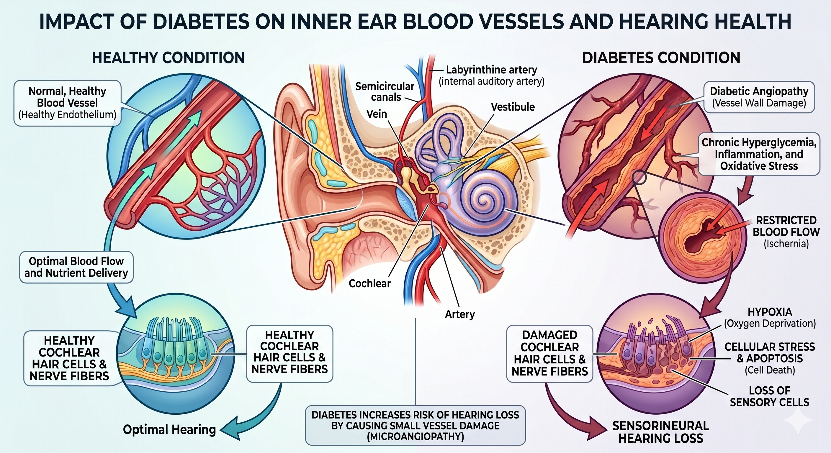 A medical infographic illustrating the impact of diabetes on inner ear blood vessels and hearing health. The diagram contrasts a healthy condition—showing optimal blood flow, healthy cochlear hair cells, and optimal hearing—with a diabetes condition. The diabetes side highlights microangiopathy, chronic hyperglycemia, and restricted blood flow (ischemia) leading to hypoxia, damaged hair cells, sensorineural hearing loss, and increased risk of vertigo or balance issues. A medical infographic illustrating the impact of diabetes on inner ear blood vessels and hearing health. The diagram contrasts a healthy condition—showing optimal blood flow, healthy cochlear hair cells, and optimal hearing—with a diabetes condition. The diabetes side highlights microangiopathy, chronic hyperglycemia, and restricted blood flow (ischemia) leading to hypoxia, damaged hair cells, sensorineural hearing loss, and increased risk of vertigo or balance issues.