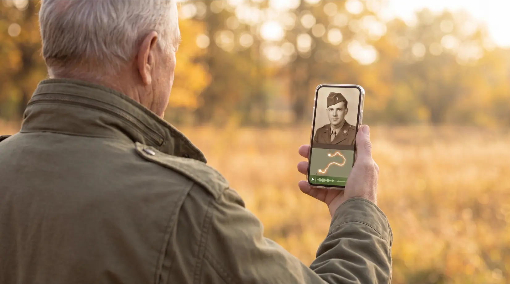 A visitor using the Pathway to Peace AI docent, viewing veteran testimony and the trail map