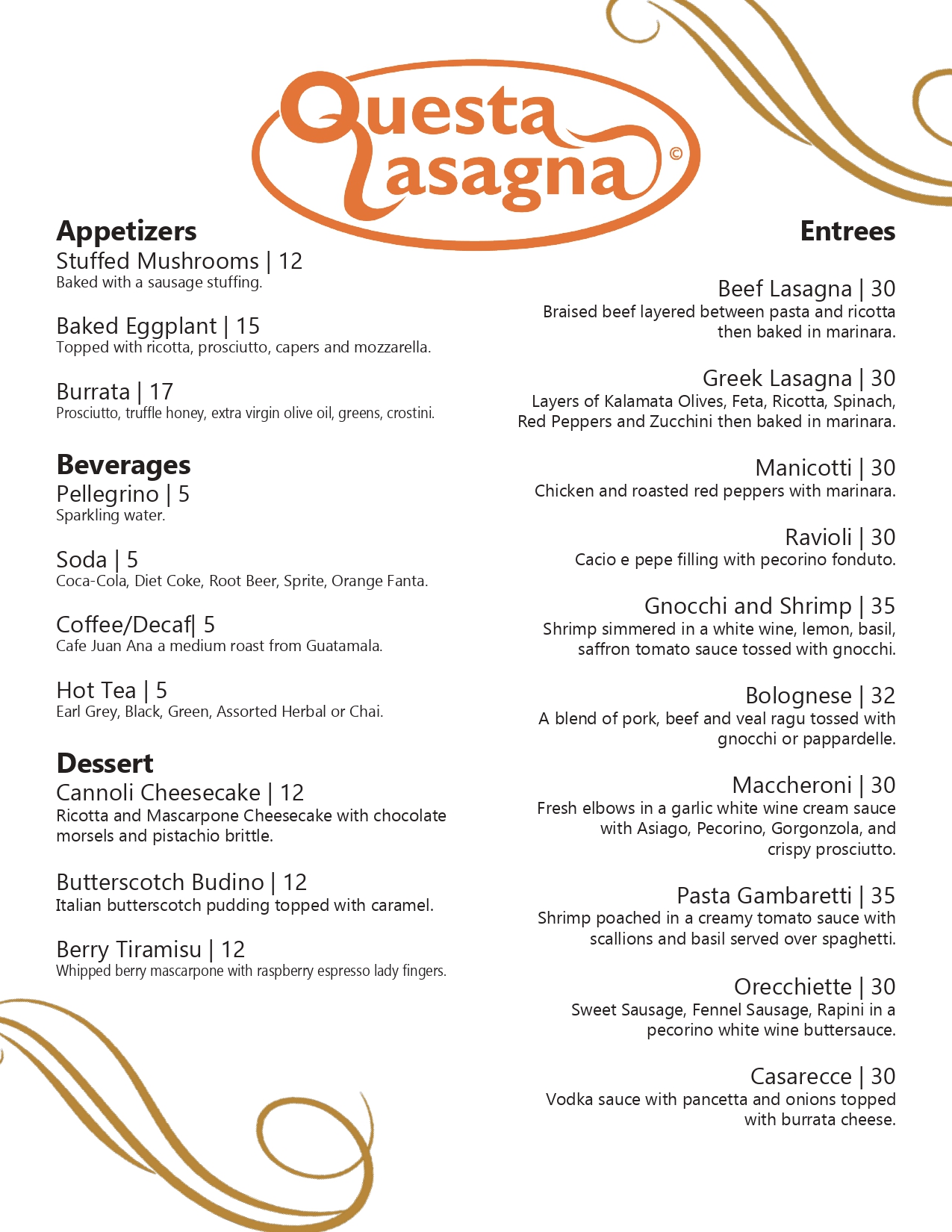 Questa Lasagna Menu