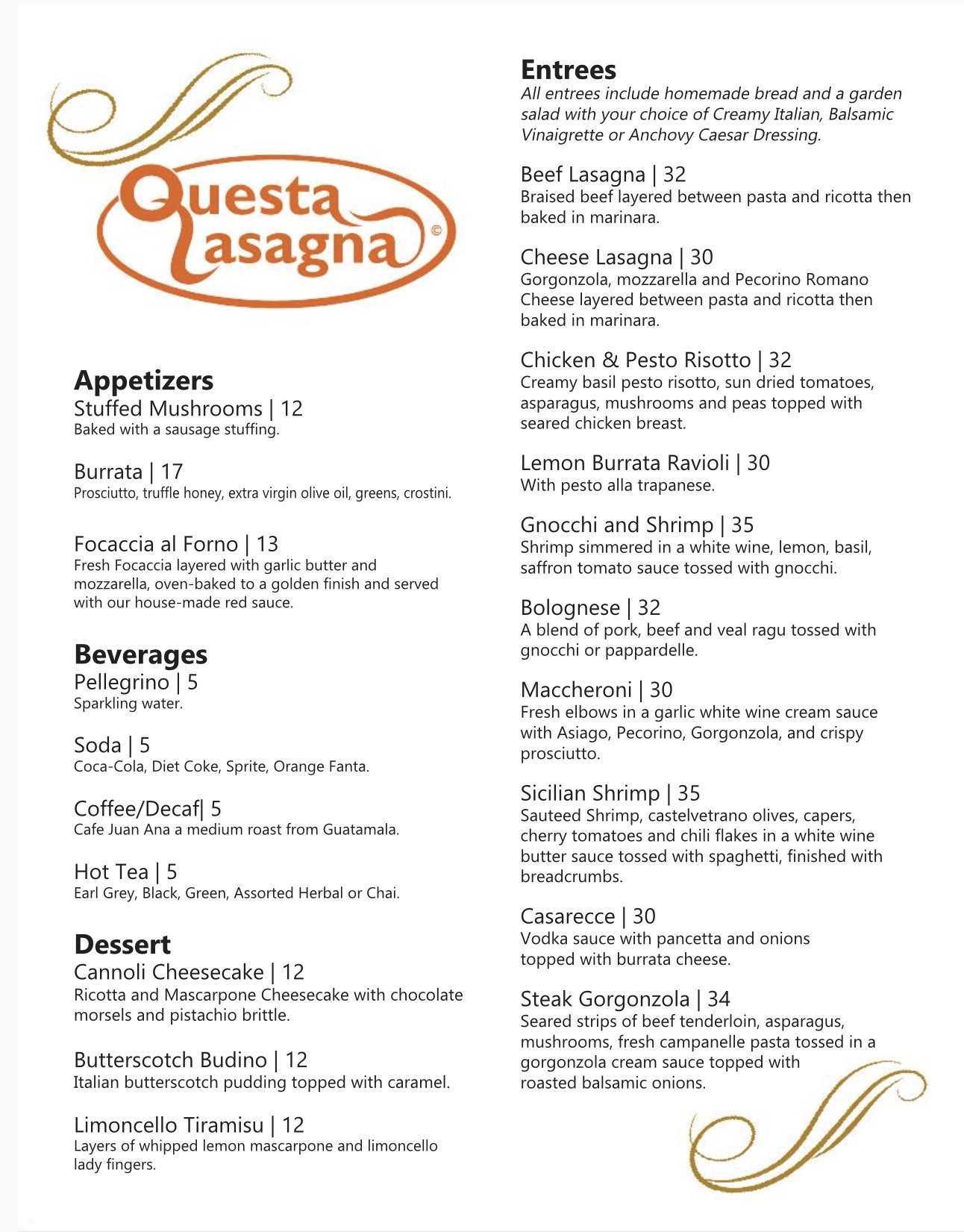Questa Lasagna Menu