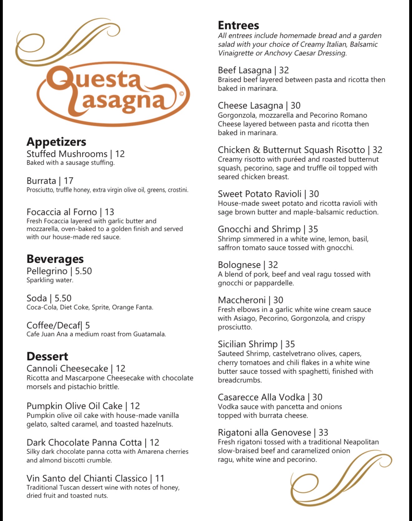Questa Lasagna Menu