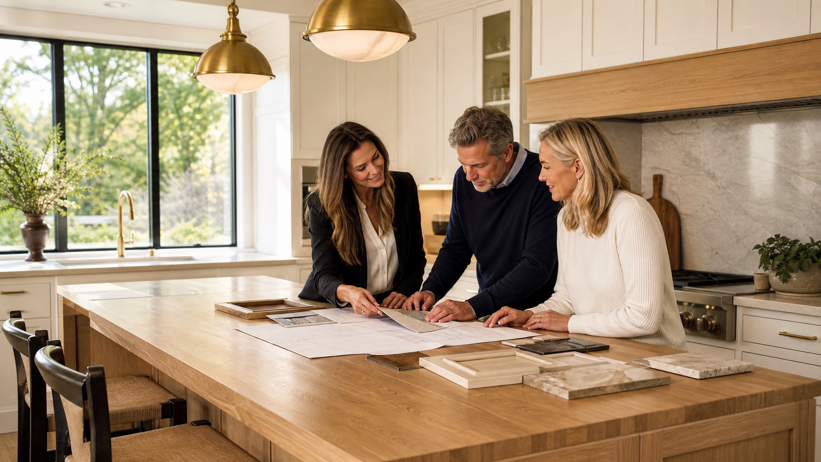 Homeowners reviewing kitchen plans and material selections