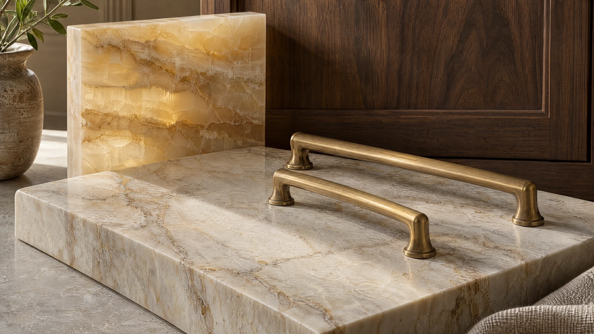 Close-up study of expressive stone, warm metallic hardware and high-end material finishes