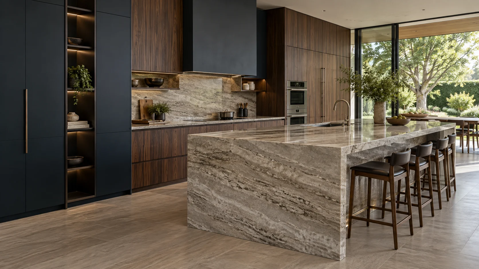Bespoke walnut kitchen concept with sculptural silver stone, integrated appliances and garden views