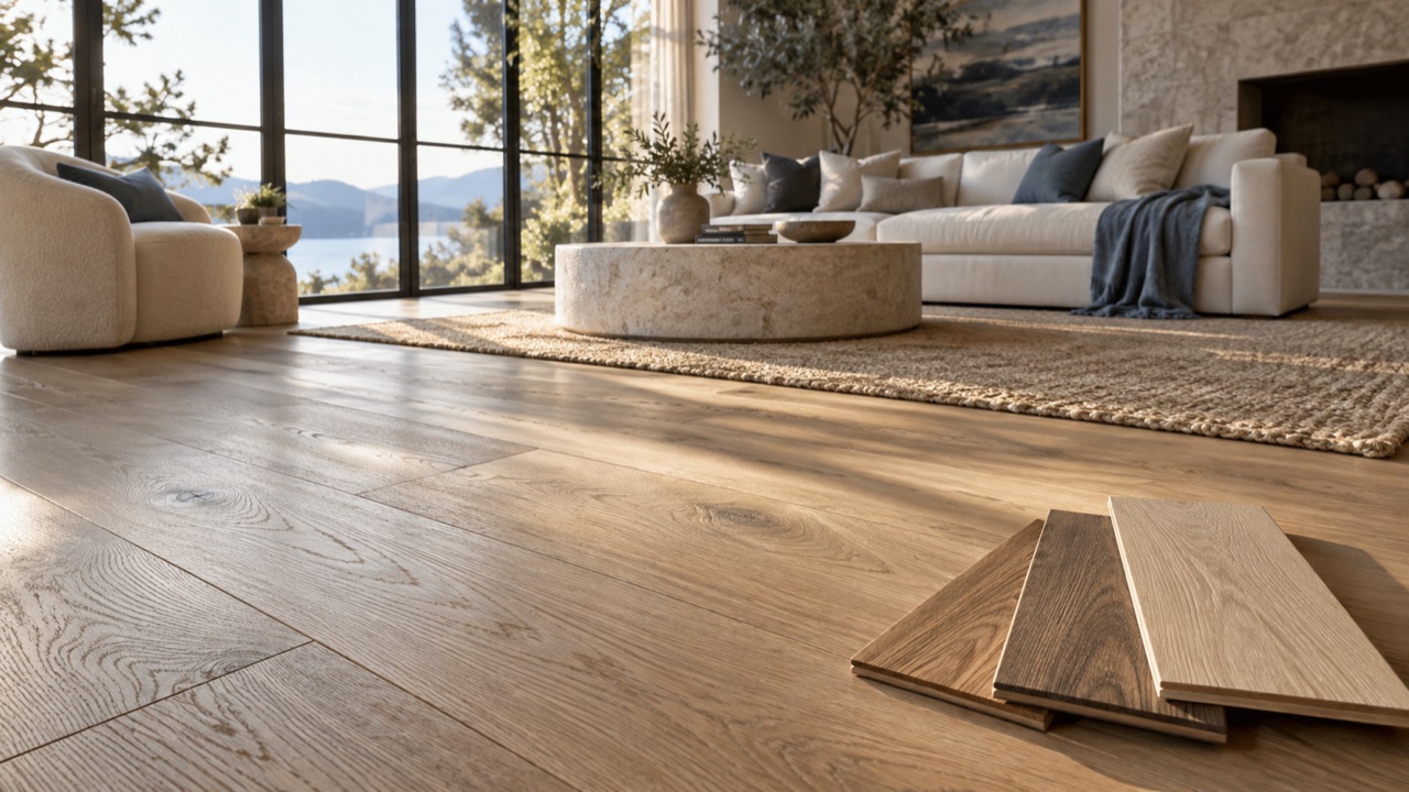 Flooring design inspiration: warm oak floors and finish samples in an elegant living room