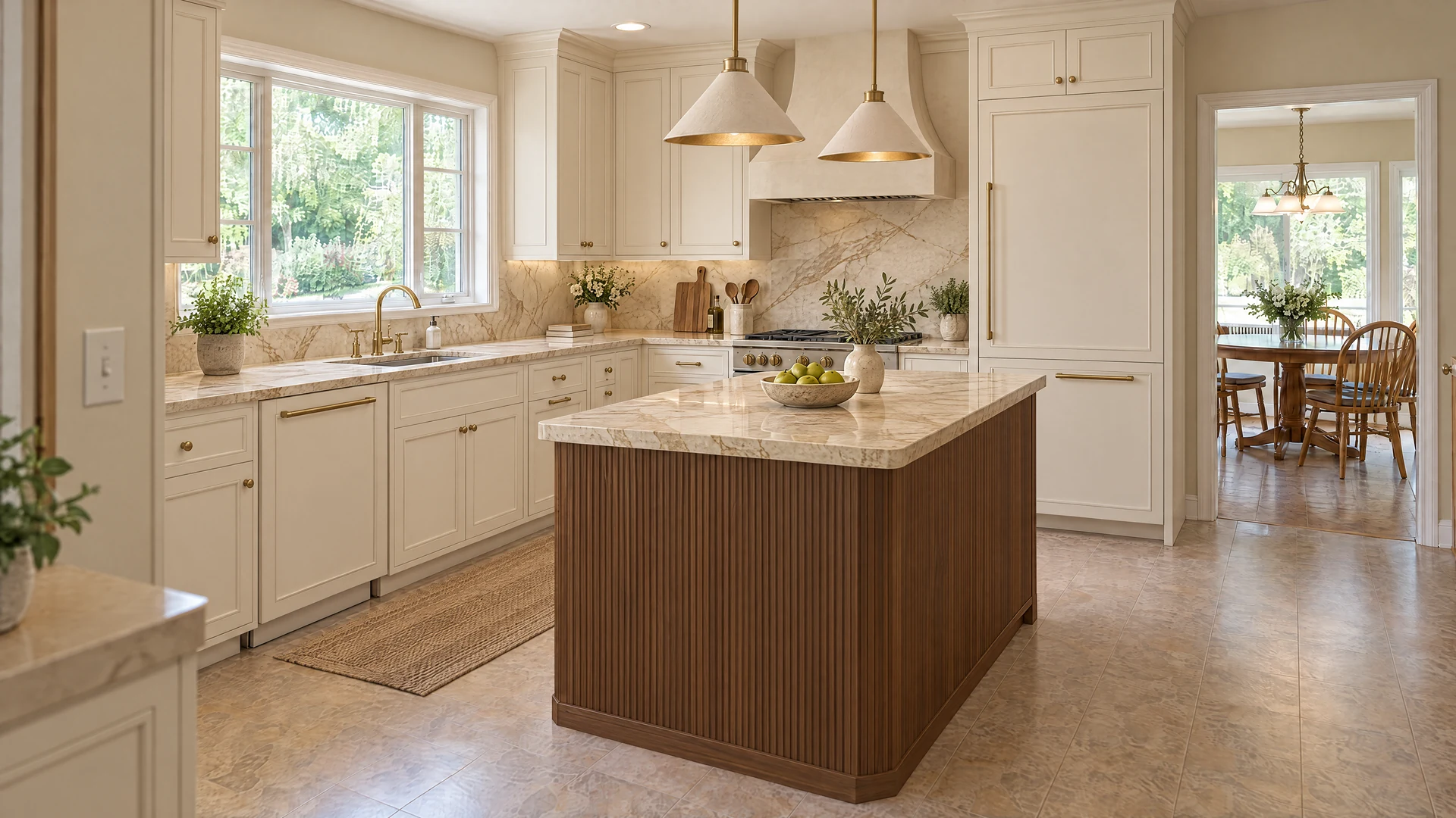 Kitchen design inspiration: Tailored ivory cabinetry, a walnut island and expressive cream stone bring warmth to a generous family kitchen.