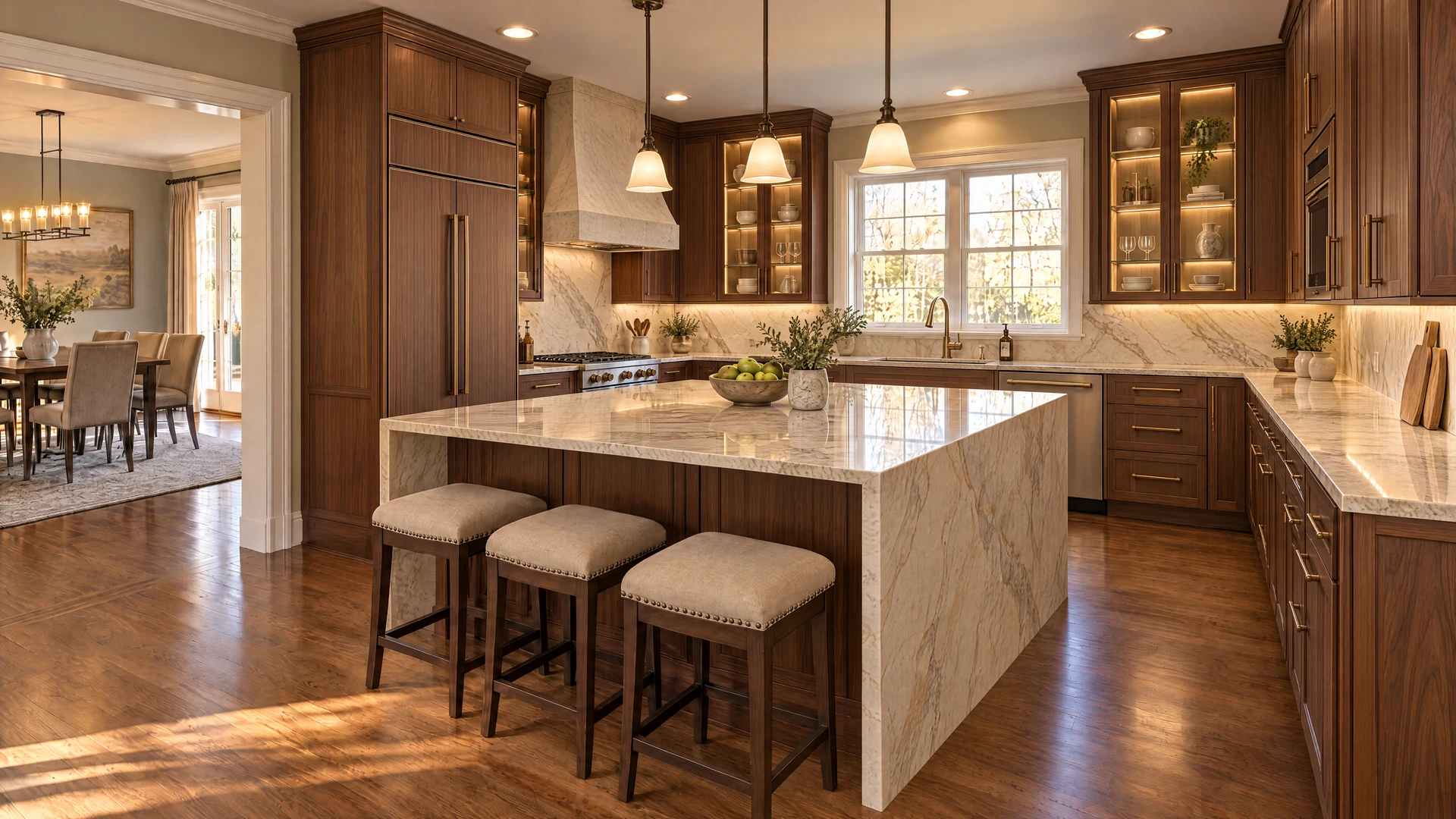 Kitchen design inspiration: Matched walnut, luminous quartzite and bronze display cabinets transform an expansive U-shaped kitchen.