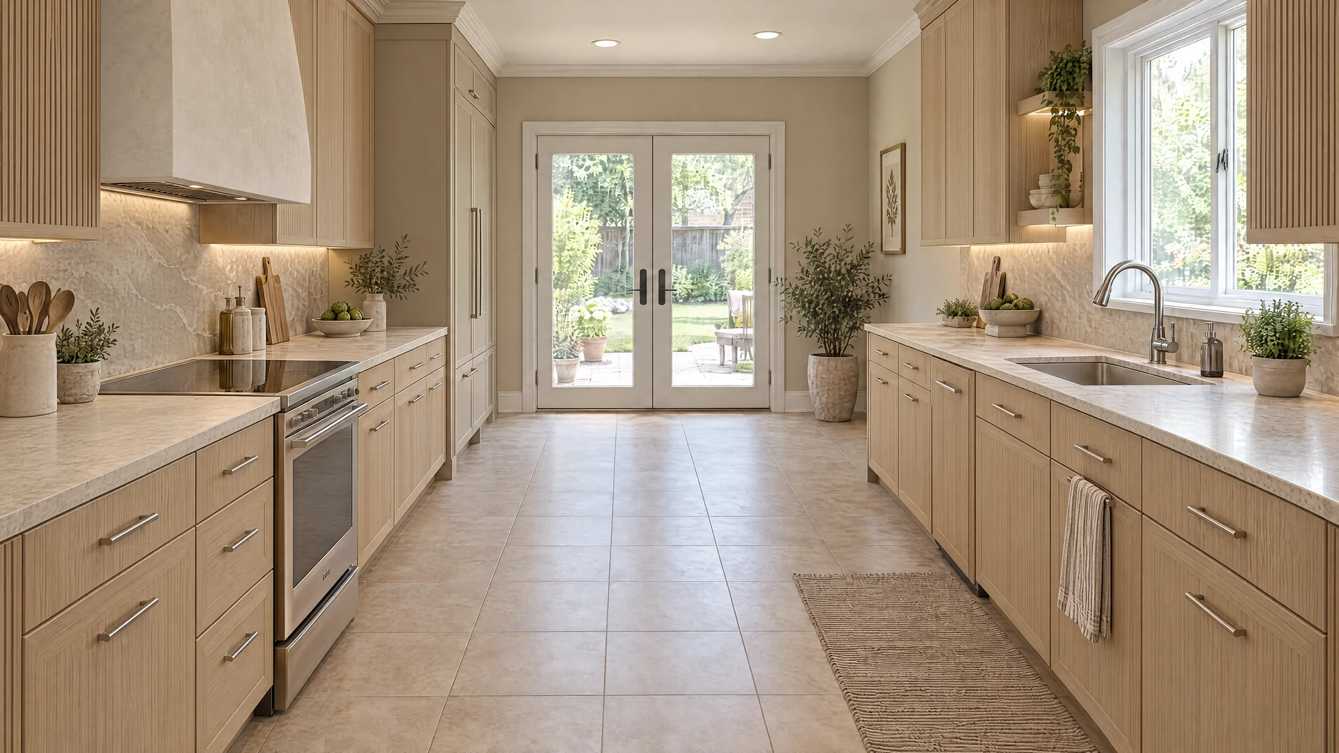 Kitchen design inspiration: Rift-cut oak, soft mineral tones and tactile stone refine a wide galley opening onto a garden.