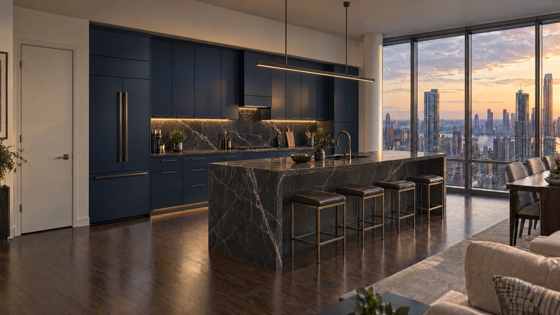 Kitchen design inspiration: Deep blue cabinetry and silver-veined stone lend an open penthouse kitchen a polished evening presence.