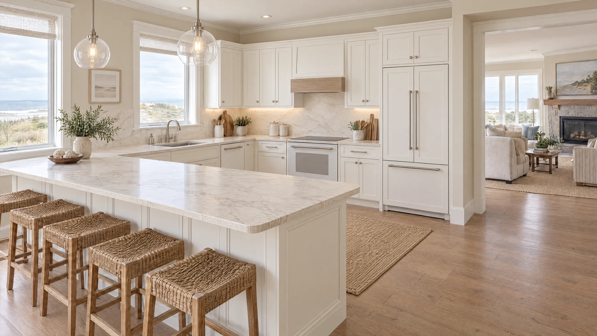 Kitchen design inspiration: Pearl cabinetry, pale oak and brushed nickel give an airy coastal kitchen a calm, enduring character.