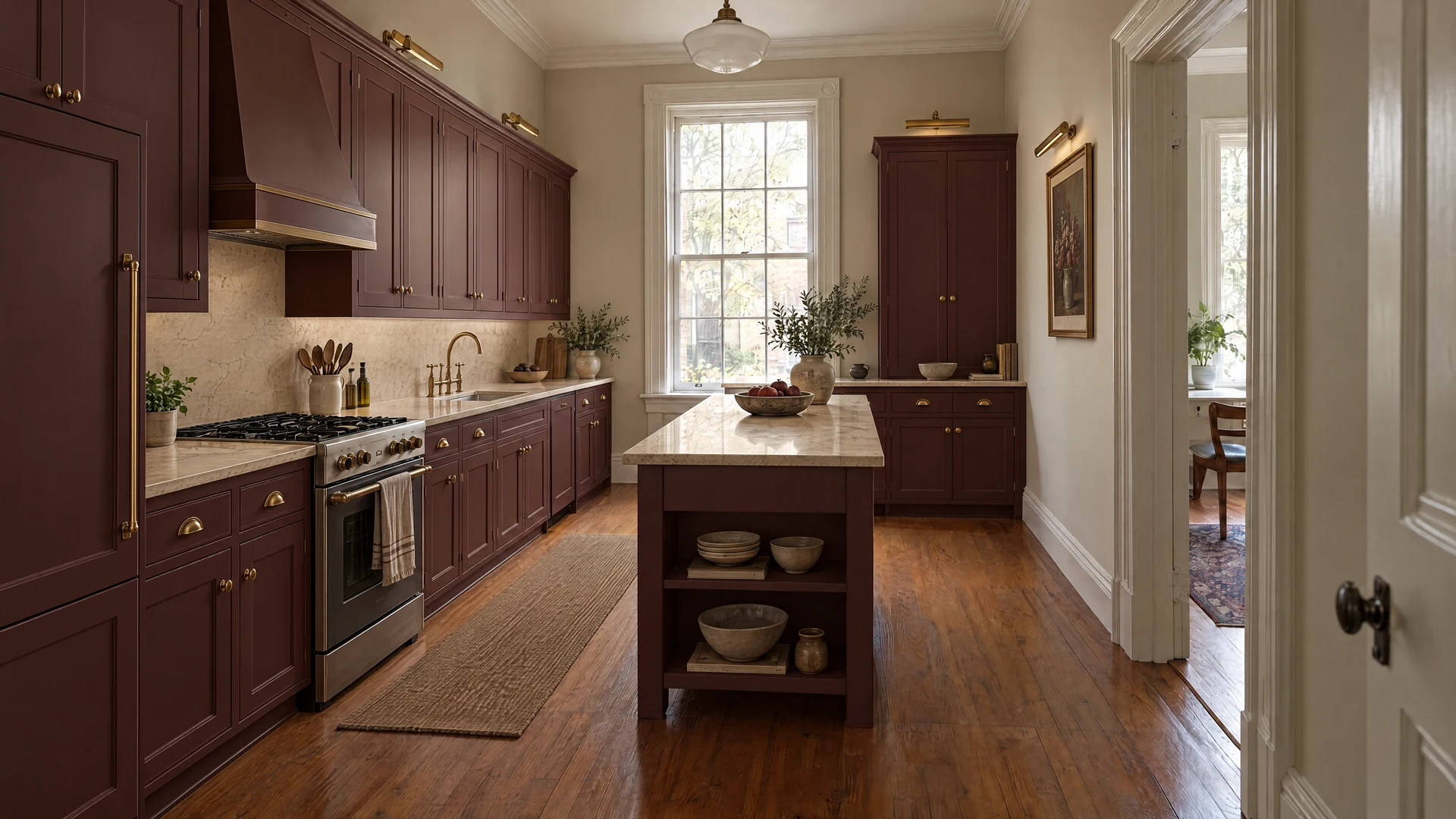 Design inspiration: Muted burgundy, honed cream stone and aged brass bring character to a generous historic townhouse kitchen.