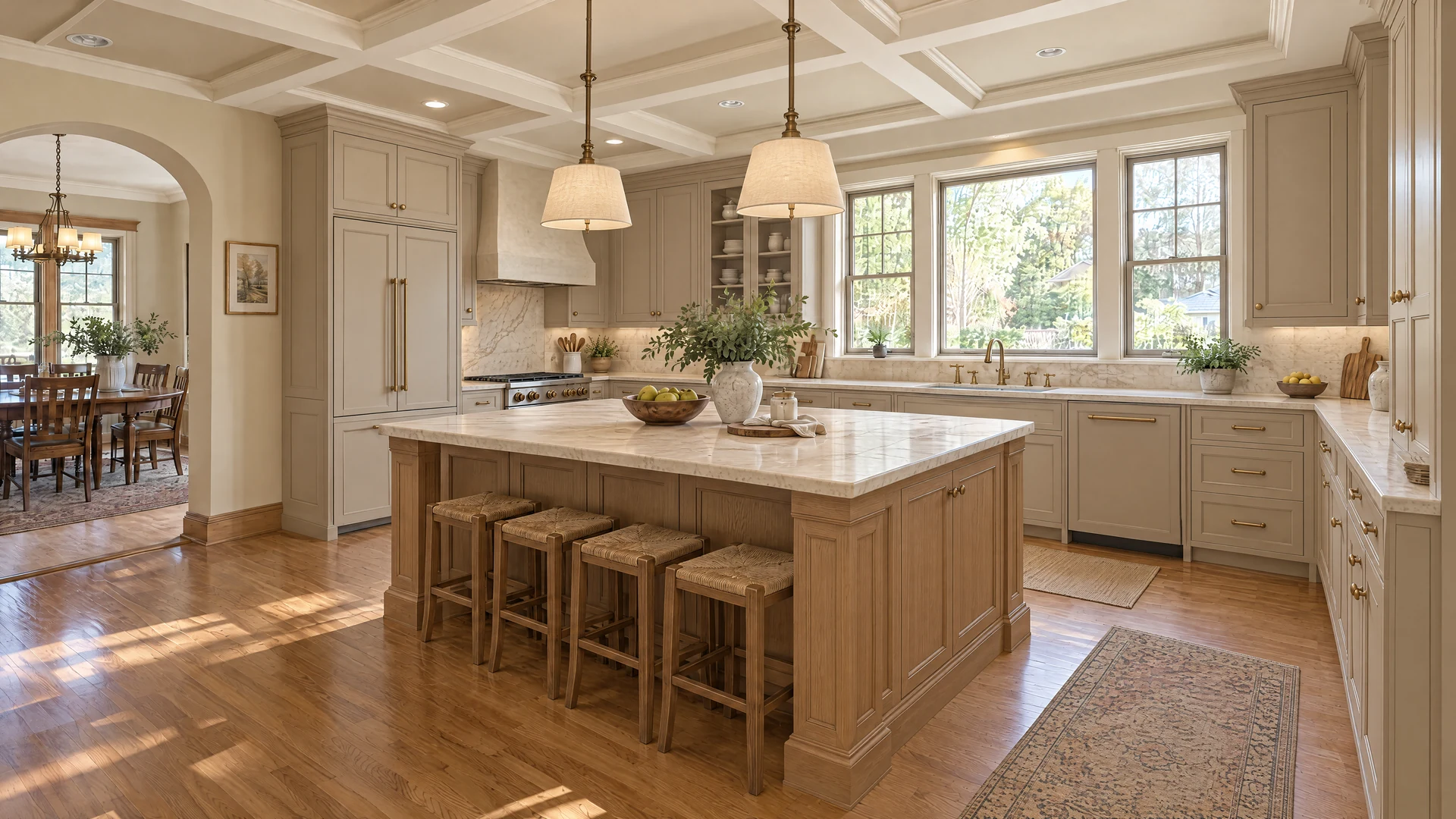 Design inspiration: Soft taupe cabinetry and a furniture-inspired oak island balance classic comfort with tailored craftsmanship.