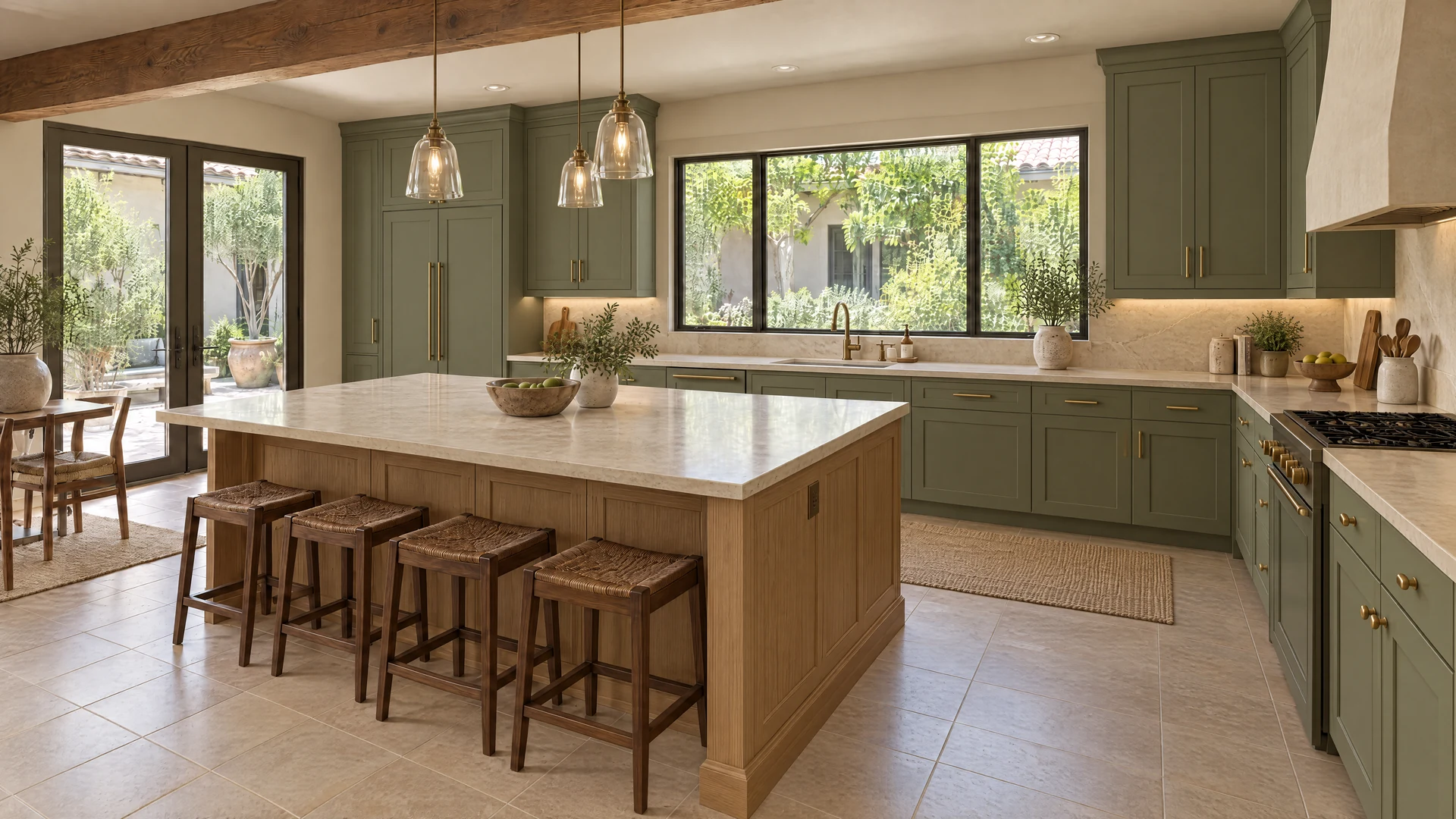 Design inspiration: Muted jade cabinetry and warm oak give a spacious courtyard kitchen a grounded, natural elegance.