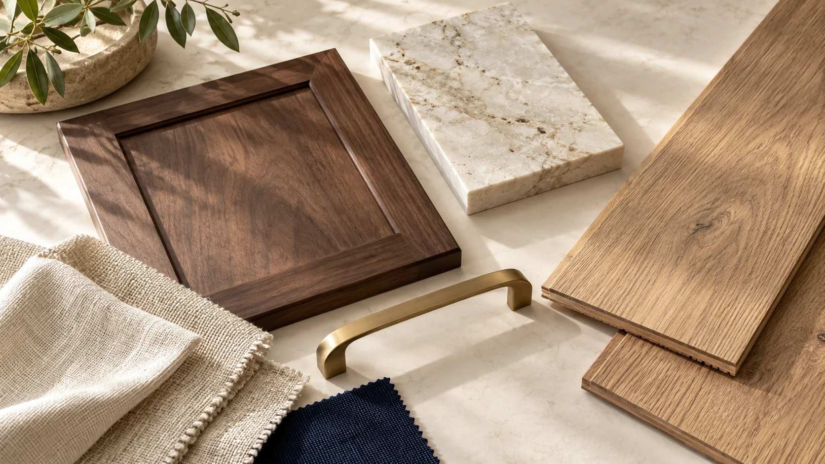 Cabinet wood, natural stone, flooring and hardware selected together