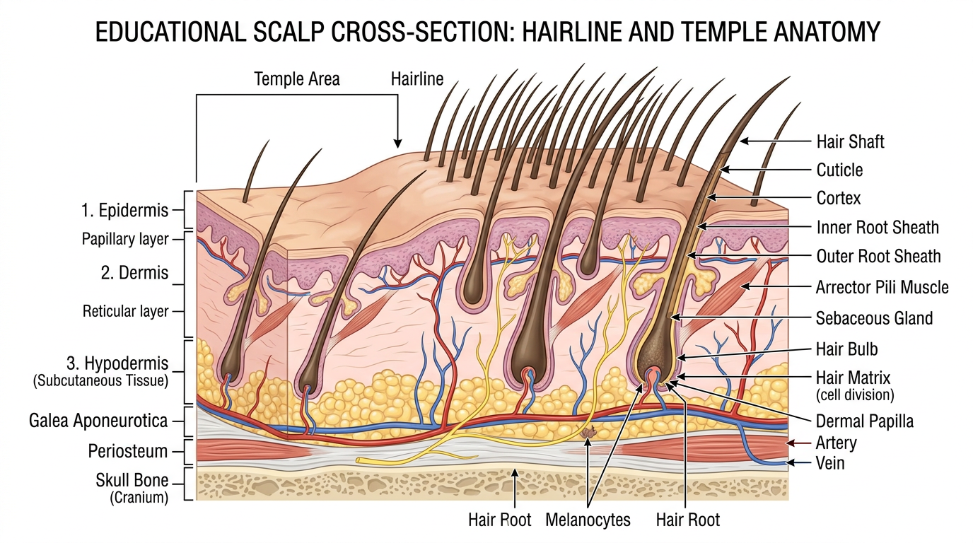 educational scalp cross section diagram showing hair follicles along the hairline and temples, labeled follicle structures beneath scalp layers, medical illustration style, clean white background educational scalp cross section diagram showing hair follicles along the hairline and temples, labeled follicle structures beneath scalp layers, medical illustration style, clean white background