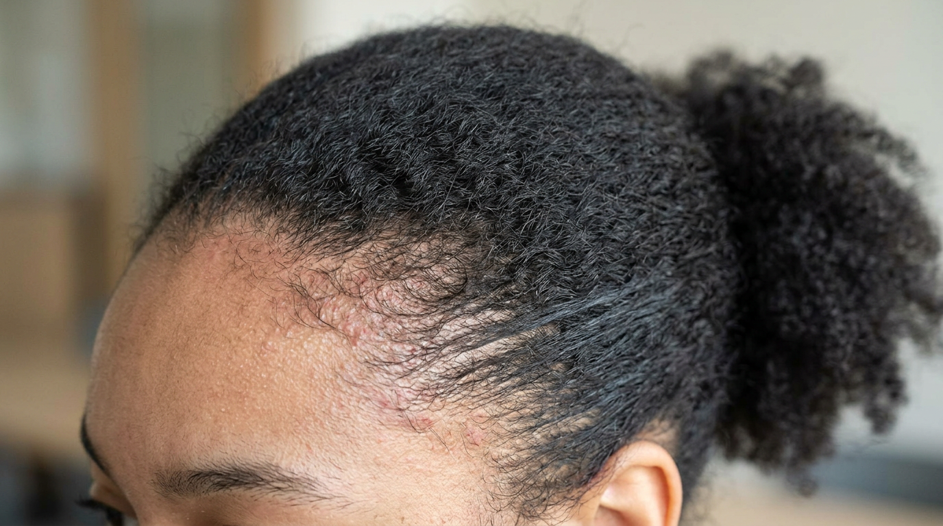 close-up of textured hair pulled tightly into a ponytail showing tension along the hairline and temples, visible scalp stress near edges, natural lighting, educational hair tension example close-up of textured hair pulled tightly into a ponytail showing tension along the hairline and temples, visible scalp stress near edges, natural lighting, educational hair tension example