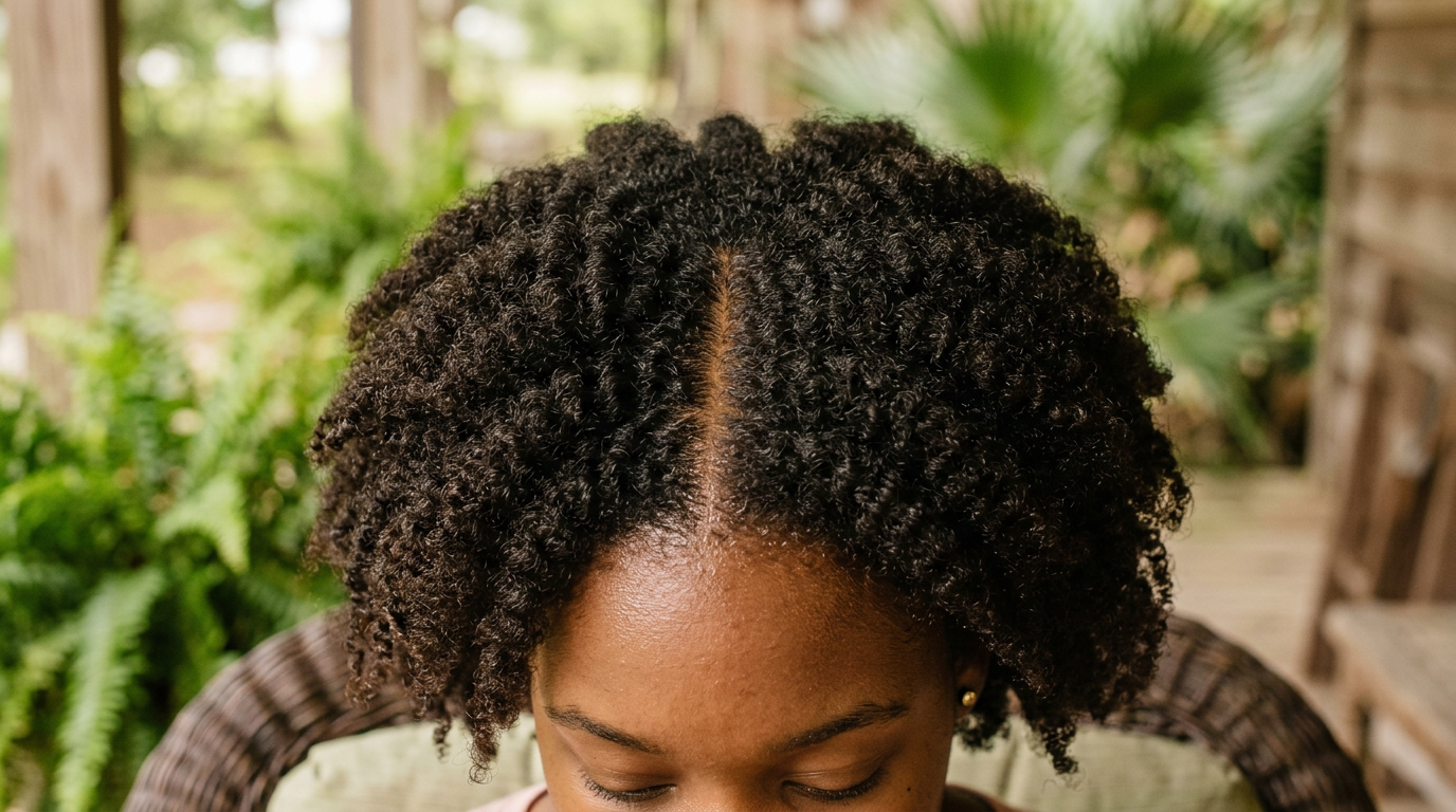Close-up of textured natural hair with a clean center part showing a healthy scalp, soft natural lighting, subtle humidity in the air, minimal styling, calm neutral background, Louisiana lifestyle feel, focus on scalp clarity and hair density