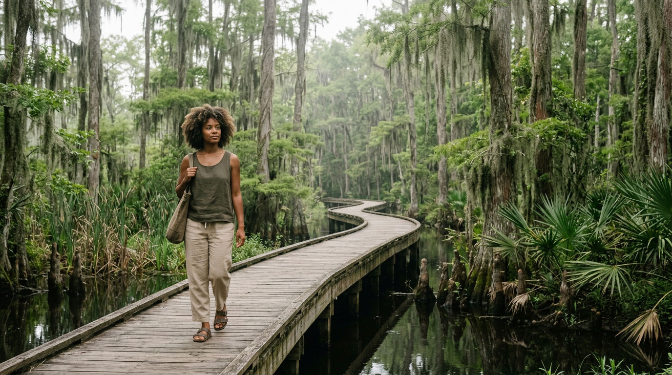 woman in Slidell Louisiana with natural textured hair showing healthy scalp and hair density in humid climate