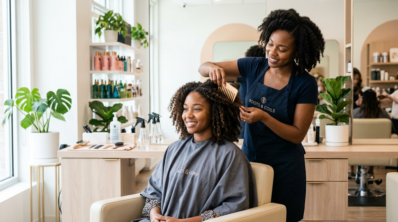 Hair stylist gently combing healthy natural hair during a salon appointment in Slidell, LA Hair stylist gently combing healthy natural hair during a salon appointment in Slidell, LA