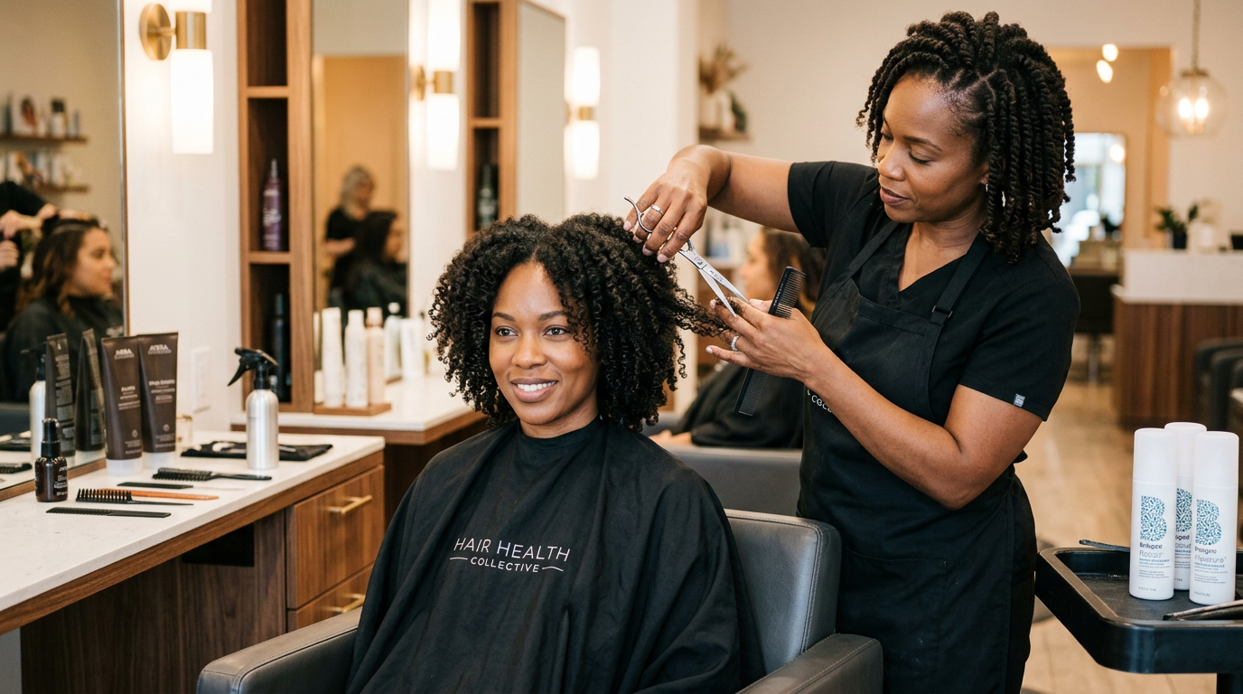 Hairstylist trimming healthy hair to maintain shape and reduce breakage Hairstylist trimming healthy hair to maintain shape and reduce breakage