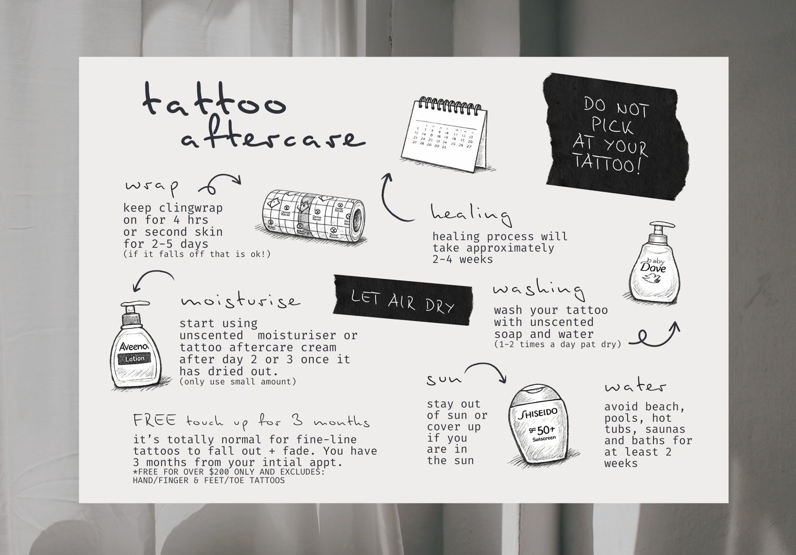 Ink Zú Tattoo Aftercare Guide — Wrap, Moisturise, Washing, Sun, Water and Touch-up instructions