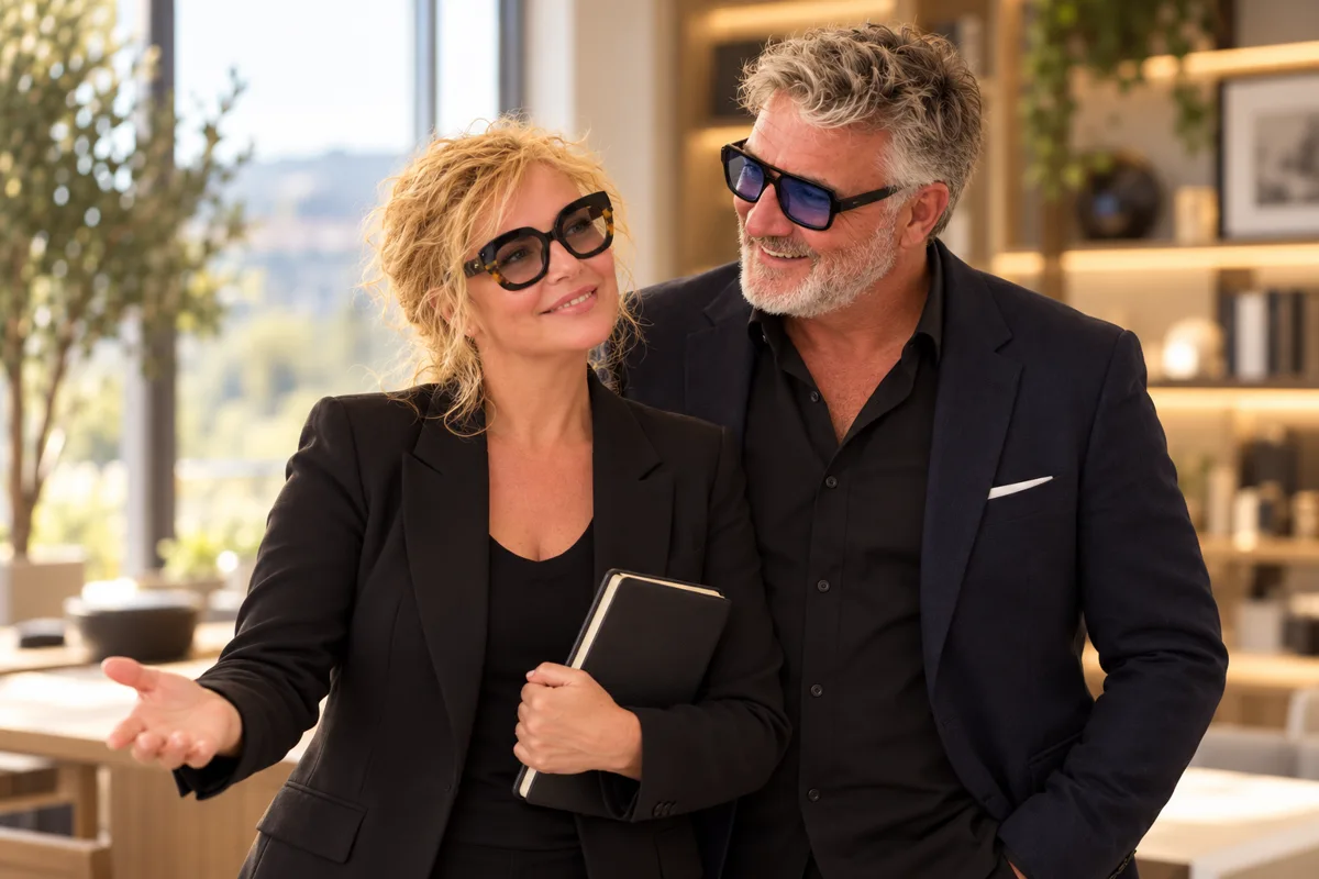 Sylvie et Didier Heitz debout dans un intérieur lumineux, Sylvie tenant un carnet.