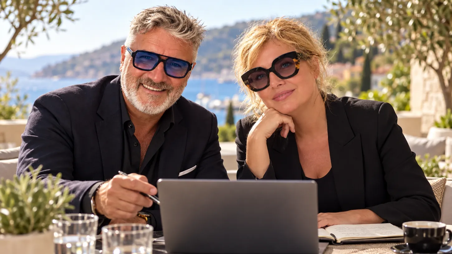 Didier et Sylvie Heitz réunis autour d’un ordinateur et d’un carnet, en terrasse.
