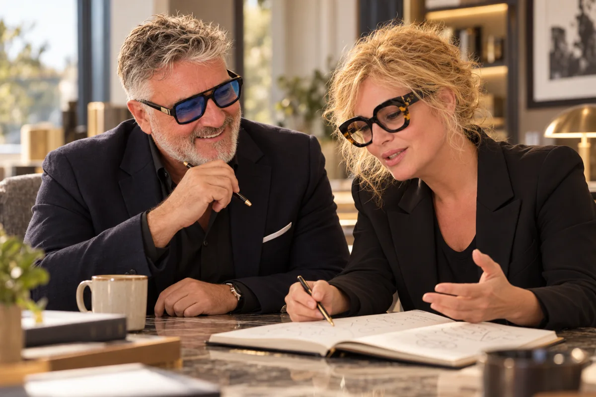 Sylvie et Didier Heitz penchés sur un carnet, en échange autour d’une table.