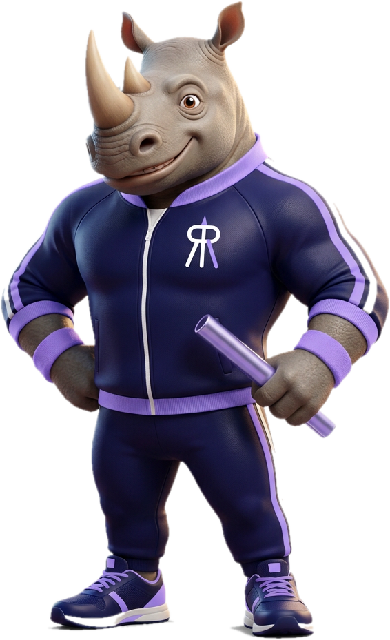 Relay Rhino mascot holding a relay baton