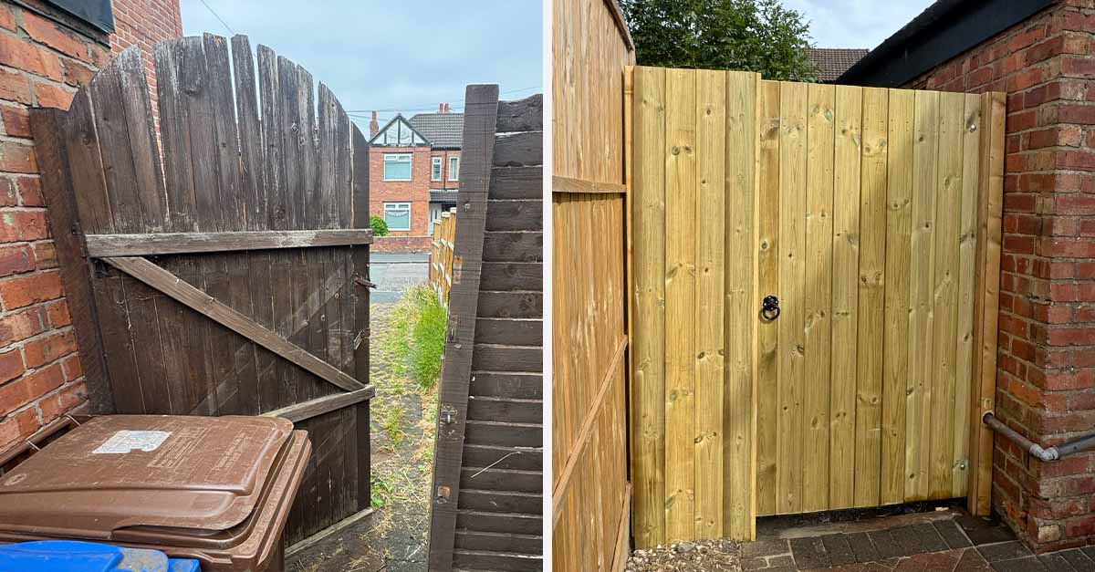 Failed timber gate post snapped at ground level with unstable infill panel